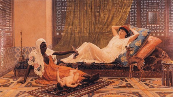 A woman and her nanny taking care of the baby by Frederick Goodall
